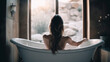 © MxCaptures - Back View of beautiful Woman Enjoying Bathtub Time - Generative Ai