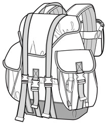 Wall Mural - travel backpack flat sketch vector illustration technical cad drawing template