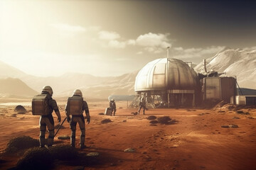 Wall Mural - astronauts wearing space suits walking on red planet, standing near base for colonization. martian c