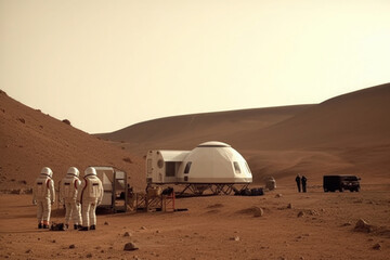 Wall Mural - astronauts wearing space suits walking on red planet, standing near base for colonization. martian c