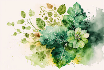 Spring floral watercolor green illustration on light background with flowers and leaves on branches. AI generative.