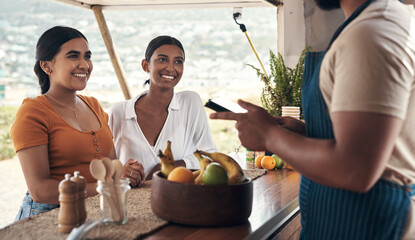 Canvas Print - Can I have your details please. two friends ordering food from a food truck.