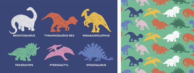 Dinosaur doodle seamless pattern set in hand drawn style design