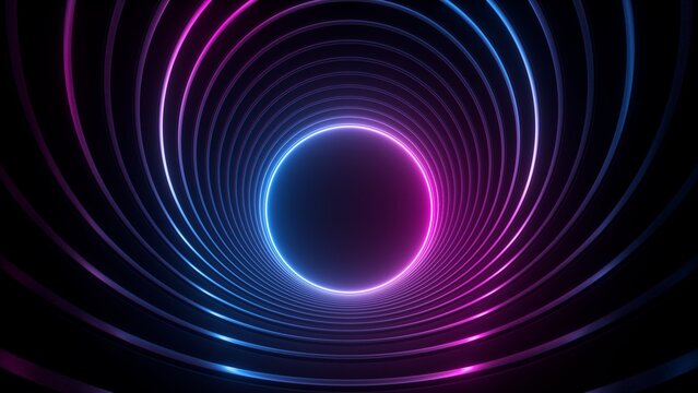 3d render, abstract geometric background with glowing neon ring at the end of the virtual round tunnel