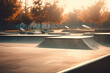 Empty skate park at sunrise or sunset with blurred background. Generative AI
