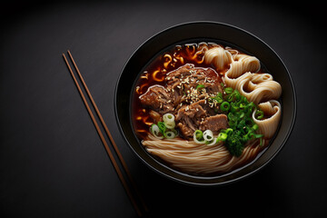 Wall Mural - Spicy red soup beef noodle in a bowl on wooden table