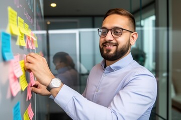 Young executive manager businessman ceo writing his strategy ideas on sticky notes on whiteboard managing professional organization business plan project presentation in corporate office.Generative AI