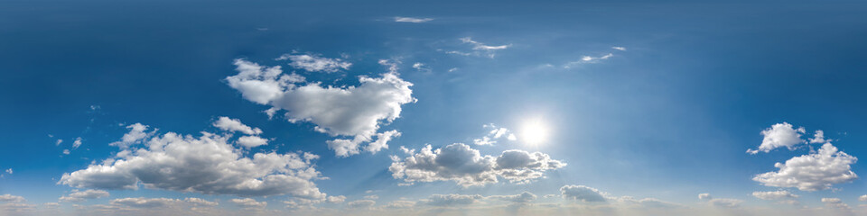 Wall Mural - blue skybox with cumulus cloud as seamless hdri 360 panorama with zenith in spherical equirectangular projection may use for sky dome replacement in 3d graphics or game development and edit drone shot