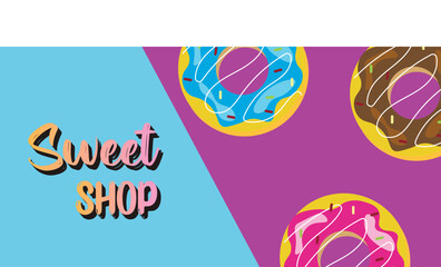 
Sweet donuts on a beige background with bright sprinkles. Inscription sweet shop. Vector illustration