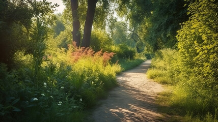 Wall Mural - Path trail in public park among thickets of plants on a summer sunny day. Generative Ai