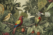 Wallpaper Jungle And Leaves Tropical Forest Birds Old Drawing Vintage (generative AI)