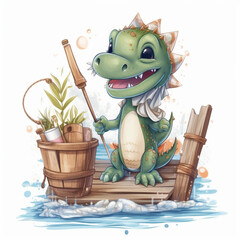 Cute Beautiful Dinosaur fishing from a pier, with a bucket of bait and a fishing rod