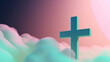 © AnArtificialWonder - Blue Cross Emerging from Clouds or Smoke in Pastel Tones with Pink Background - Religious Church Theme - Generative AI