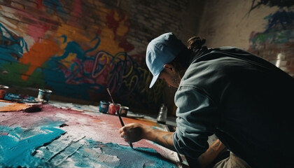 Poster - One man sitting, concentration on acrylic painting generated by AI