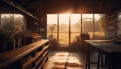 Sticker - Sunset over rural landscape, wood table indoors generated by AI