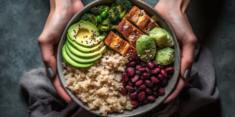 Wall Mural - Vegan buddha bowl lunch with grilled tofu, quinoa, spinach and avocado. Generative AI.