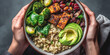 Vegan buddha bowl lunch with grilled tofu, quinoa, spinach and avocado. Generative AI.