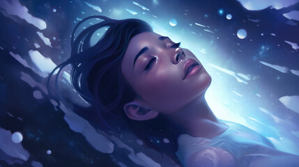 Wall Mural - lucid dreaming astral projection close up woman meditation illustration generative ai