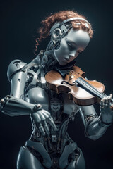 Robot playing violin. Ai with a musical instrument. Futuristic concept technology generative ai.