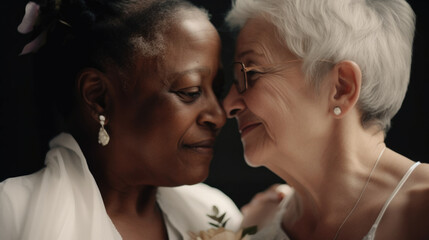 Wall Mural - Old women lesbian couple. marrage Black and Caucasian female bride in love. LGBT pride month celebration generative ai