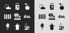 Set Sun And Cloud Weather, Jam Jar, Apple, Tree With Apple, Can Container For Milk, Wine Bottle Glass, Garden Fence Wooden And Soil Ph Testing Icon. Vector