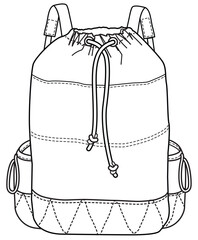 Wall Mural - drawstring bucket backpack flat sketch vector illustration technical cad drawing template