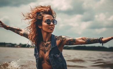 outdoor hipster portrait, model, pretty woman, denim shorts,  tattoo. pretty woman posing in the sea, blue sky, wild hair, hand up , hipster girl, generative AI 