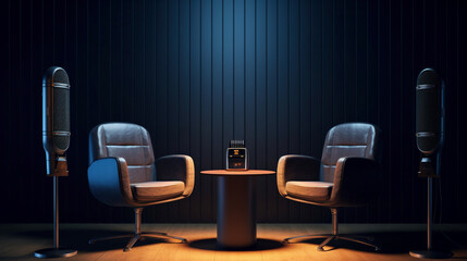 Wall Mural - Two chairs with microphones in a podcast or interview room, perfect for recording conversations or hosting guests on a show. Generative AI