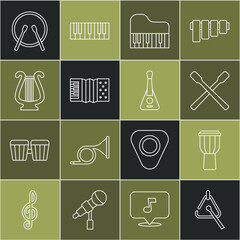 Set line Triangle, Drum, sticks, Grand piano, Accordion, Ancient lyre, drum and Guitar icon. Vector