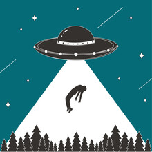 Retro UFO Abduction Poster. UFO Abducting A Man With A Forest And Night Sky In The Background.