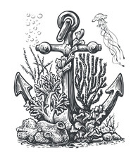 Anchor Of Old Ship Is Overgrown With Corals, Shells And Algae. Marine Concept Of The Seabed. Vintage Vector Illustration