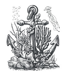 Anchor of old ship is overgrown with corals, shells and algae. Marine concept of the seabed. Vintage vector illustration