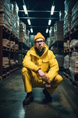 Yellow-Clad Worker Posing in Warehouse. Generative AI.