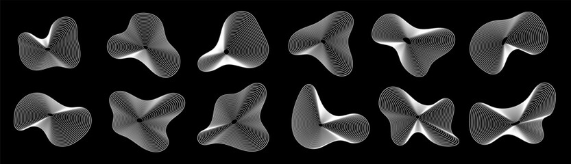 Dynamic amorphous shapes, abstract fluid forms, liquid shapes made of lines with blend effect. Vector modern design elements.