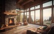 Cozy and spacious luxury chalet with a fireplace and a panoramic view on a lake in the mountains. Generative AI illustration.