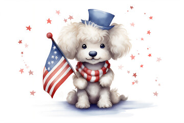 A cartoon poodle puppy with an American flag celebrates 4th of July Independence Day. Generative AI.