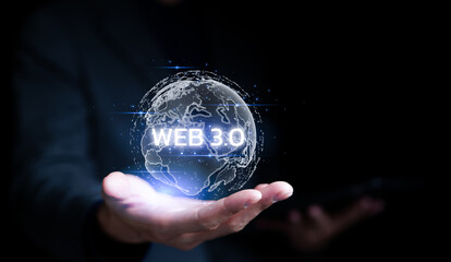 Wall Mural - businessman hand show web 3.0 with globe shape. leveraging web 3.0 blockchain future technology, glo