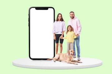 Happy parents with cute little daughter and Labrador dog on white background