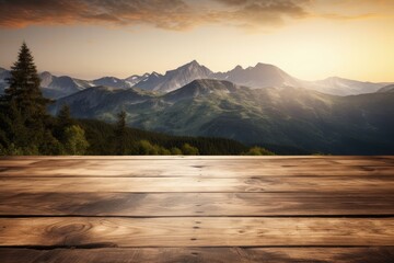 a wooden table with a view of a mountain range, generative AI