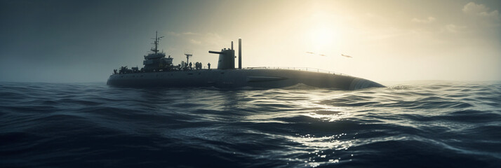 Wall Mural - Generic military nuclear submarine floating in the middle of the ocean. AI generative