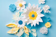 White flowers - paper applique (imitation) on light blue background. AI generative