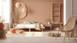 © hassanmim2021 - Home mockup, beige room with natural wooden furniture. Generative Ai