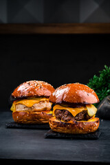 Poster - American lunch beef and chicken burgers with cheddar cheese, pickled cucumbers, tomatoes and ketchup.