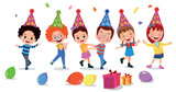 Fototapeta Dinusie - A cartoon of children celebrating a birthday with a birthday hat and a gift.