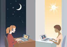Girls Communicate Each Other Through Laptops In Different Time Zones. Day And Night, Moon Stars And Sun In The Window.