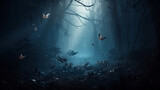 Fototapeta Londyn - Mysterious forest in a fog at night.generative ai