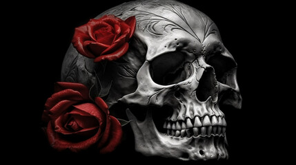 Skull with red roses on black background. Halloween concept.generative ai