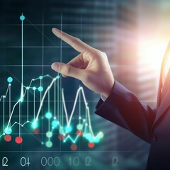 Wall Mural - Stock market trading concept. businessman touching digital screen with glowimg financial graphs and diagram. analyzing sales growth technique graph formulate marketing strategies .