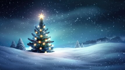 Wall Mural - A Christmas tree in the snow with a glowing star on top. Generative AI