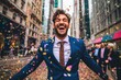 © Adriana - happy business person wearing a suit throwing confetti in a downtown city street.